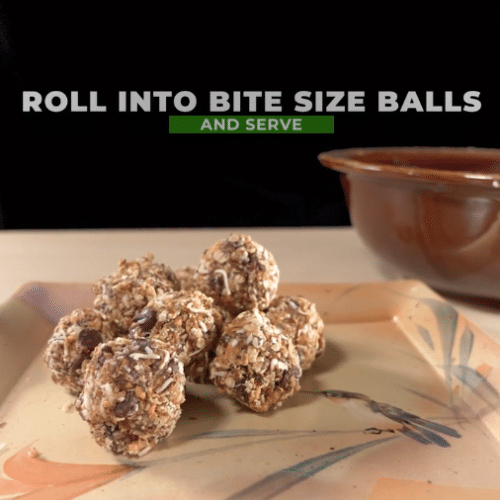 Still from recipe video showing coconut chocolate balls and caption "roll into bite size balls and serve"