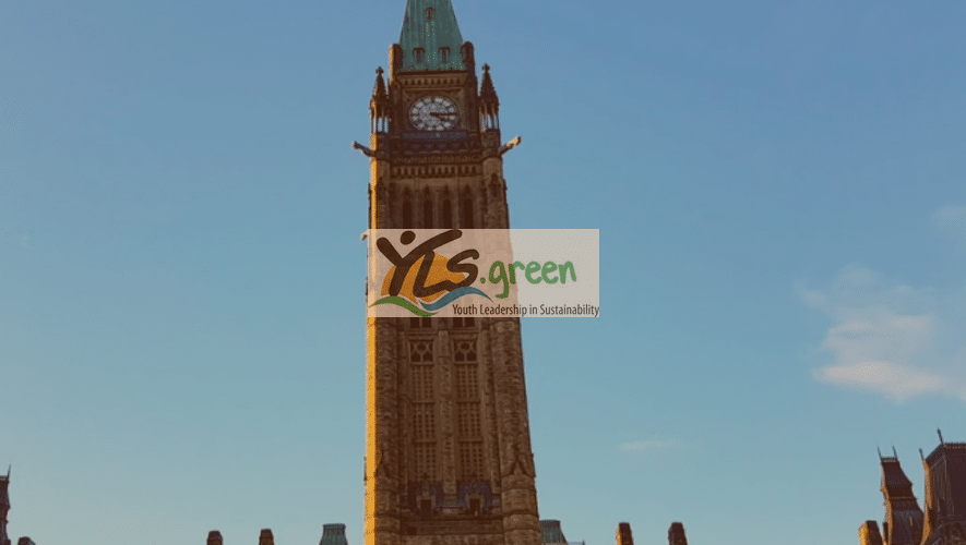 Video production still of the Canadian Parliament with logo for Youth Leadership in Sustainability