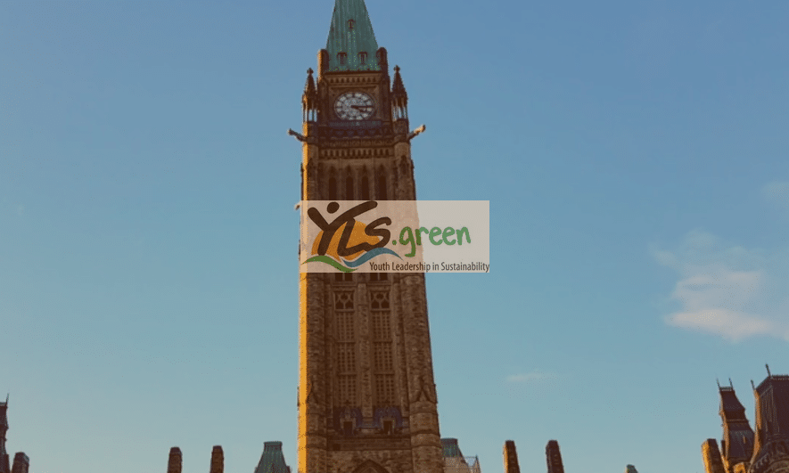 Video production still of the Canadian Parliament with logo for Youth Leadership in Sustainability