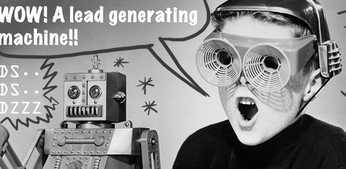 A kid in retrofuturist goggles exclaims "Wow! A lead generating machine!"