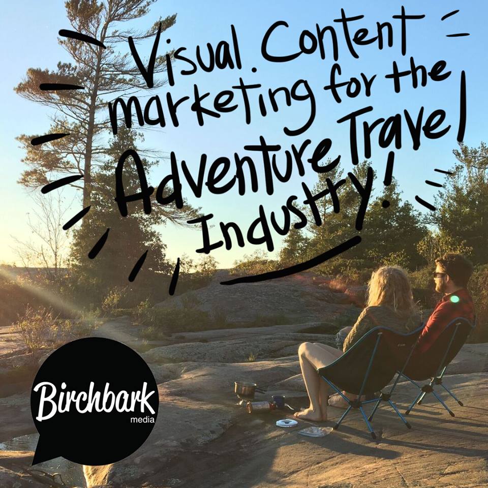 A couple sit at a scenic lookout with the caption "Visual Content Marketing for the Adventure Travel Industry" overhead