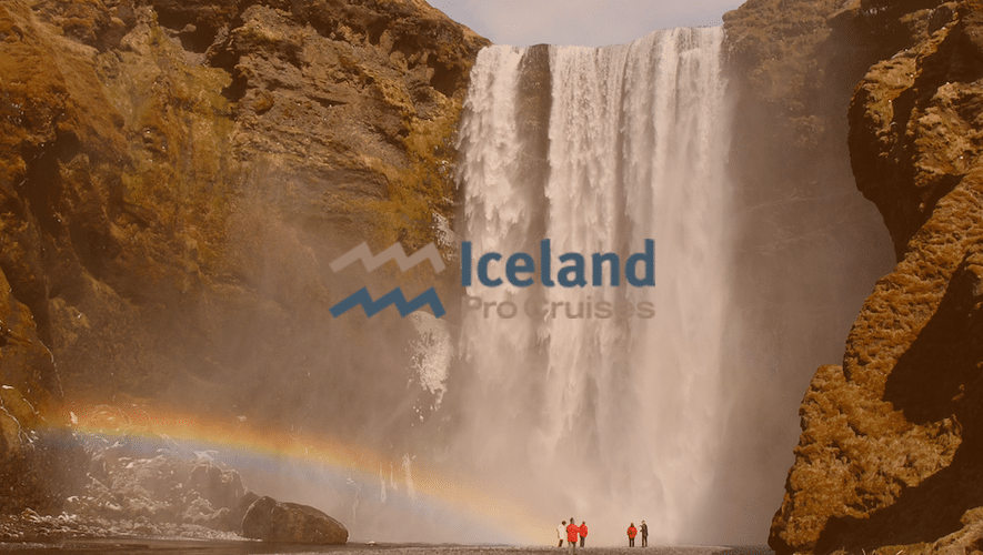 Tourists stand in front of a waterfall with nearby rainbow, with logo for travel company Iceland ProCruises overhead