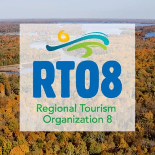 Aerial view of Kawarthas Northumberland region in fall, with RTO8 logo superimposed