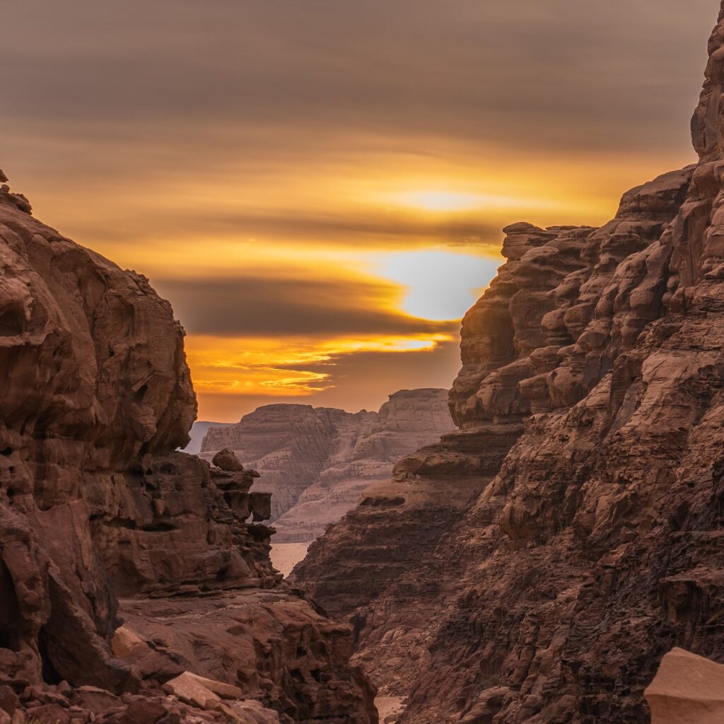 Sandstone canyon glowing at sunset