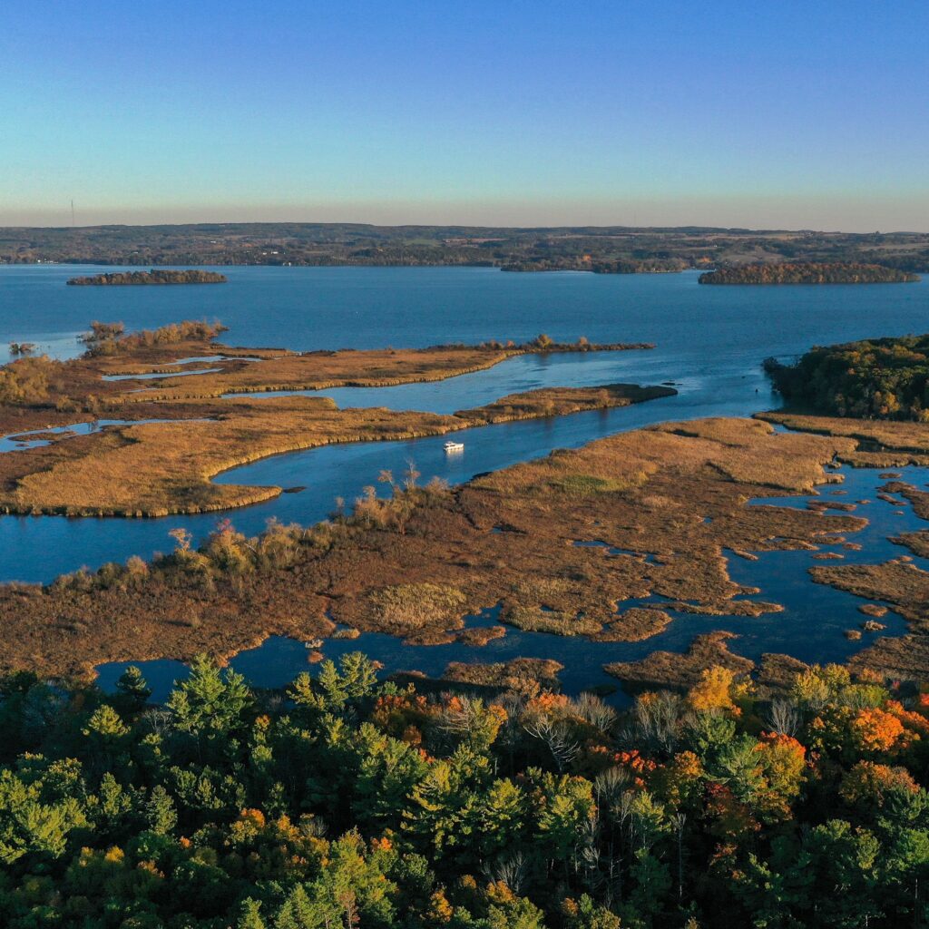 Aerial view of small islands and marsh in a blue lake