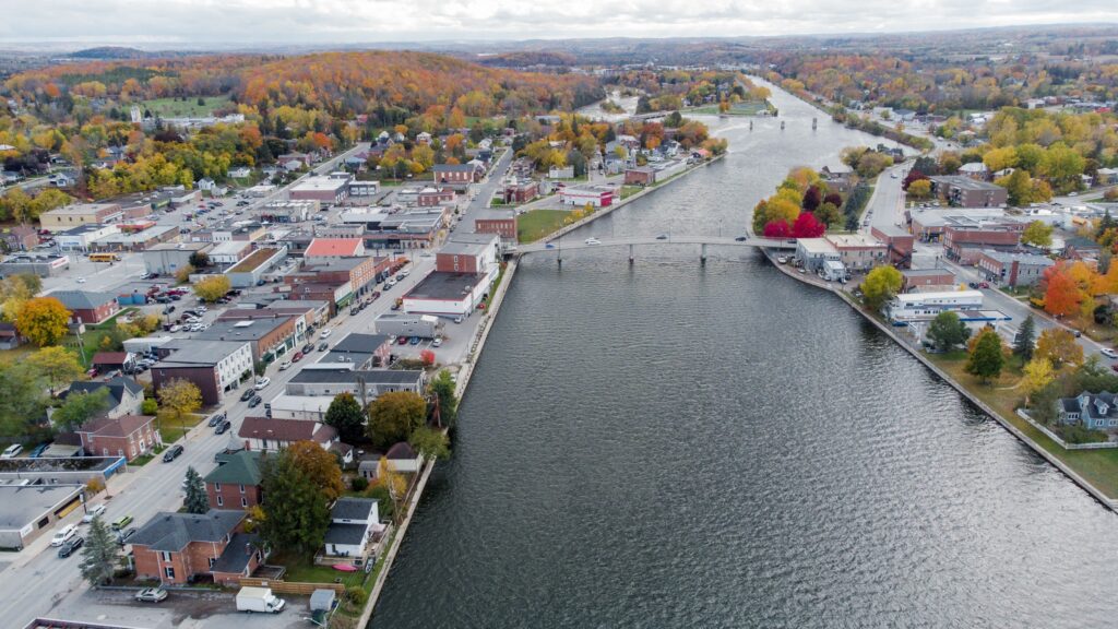 Aerial view of a canal town in fall along the Trent-Severn Waterway