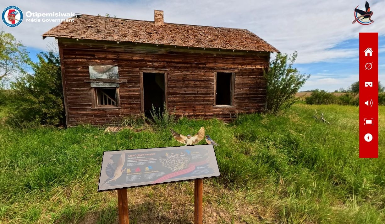 360 tour scene of a historic homestead and interpretive sign